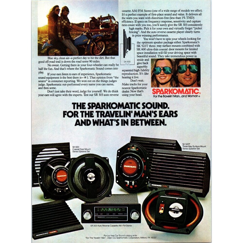 1980 Sparkomatic Car Stereo Speakers and Amps Vintage Print Ad 80s Wall Art